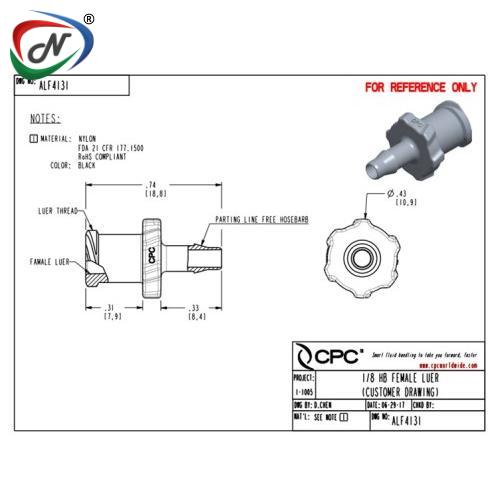 CPC Quick Connect & Disconnect Solutions ALF4131  Luer Fitting, 1/8 Hose Barb, Black Nylon NSSP004563