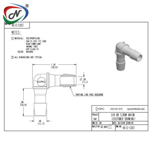 CPC Quick Connect & Disconnect Solutions HE12 Elbow Fitting, 3/8 HB X 3/8 HB, Natural Polypropylene NSSP003065