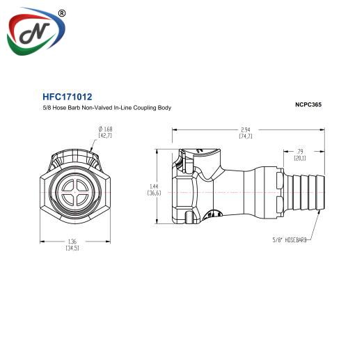 CPC Quick Connect & Disconnect Solutions HFC171012 5/8 Hose Barb Non-Valved In-Line Coupling Body NCPC365