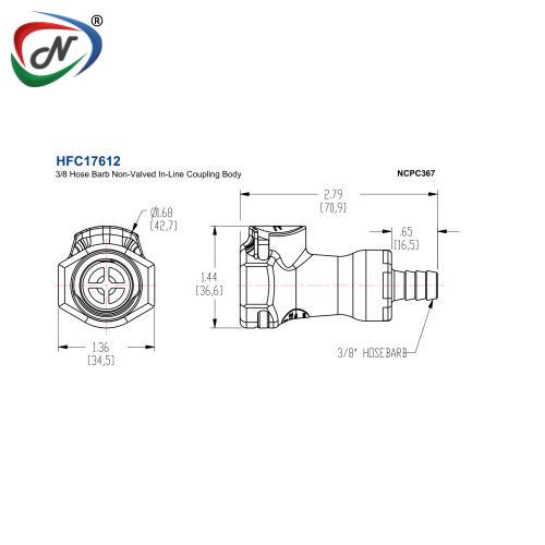 CPC Quick Connect & Disconnect Solutions HFC17612 3/8 Hose Barb Non-Valved In-Line Coupling Body NCPC367