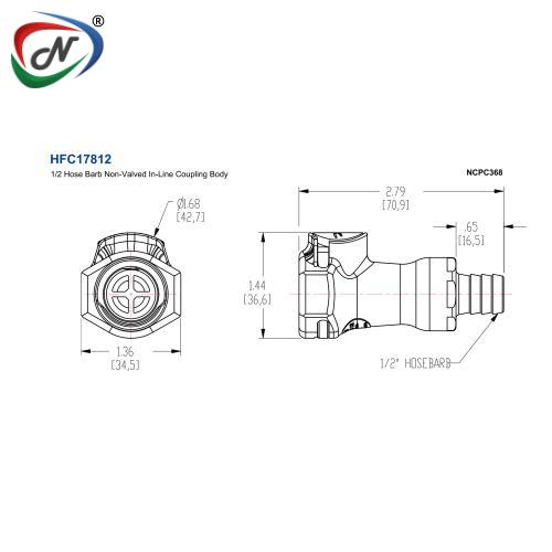 CPC Quick Connect & Disconnect Solutions HFC17812 1/2 Hose Barb Non-Valved In-Line Coupling Body NCPC368