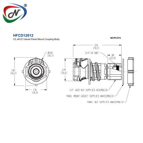 CPC Quick Connect & Disconnect Solutions HFCD12812 1/2 JACO Valved Panel Mount Coupling Body NCPC374