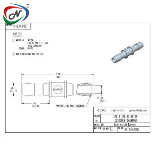 CPC Quick Connect & Disconnect Solutions HS1230 Straight Fitting, 3/8 HB X 3/8 HB White Nylon NSSP005514