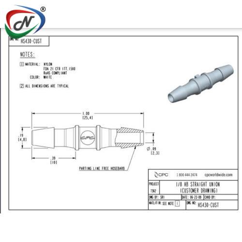 CPC Quick Connect & Disconnect Solutions HS430 STRAIGHT FITTING, 1/8 HB X 1/8 HB, WHITE NYLON NSSP005502