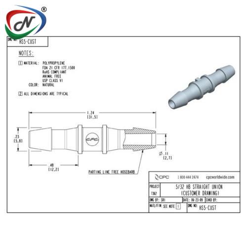CPC Quick Connect & Disconnect Solutions HS5 Straight Fitting, 5/32 HB X 5/32 HB, Natural Polypropylene NSSP005538