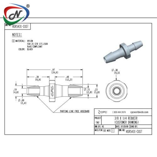 CPC Quick Connect & Disconnect Solutions HSR5431 Straight Reducer Fitting, 5/32 HB X 1/8 HB, Black Nylon NSSP005604