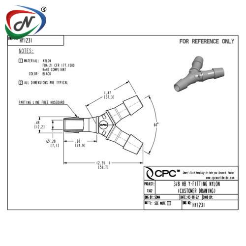 CPC Quick Connect & Disconnect Solutions HY1231 Y Fitting, 3/8 HB X 3/8 HB X 3/8 HB Black Nylon NSSP005685