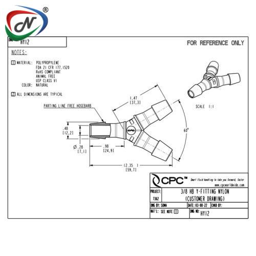 CPC Quick Connect & Disconnect Solutions HY12 Y Fitting, 3/8 HB X 3/8 HB X 3/8 HB Natural Polypropylene NSSP005683