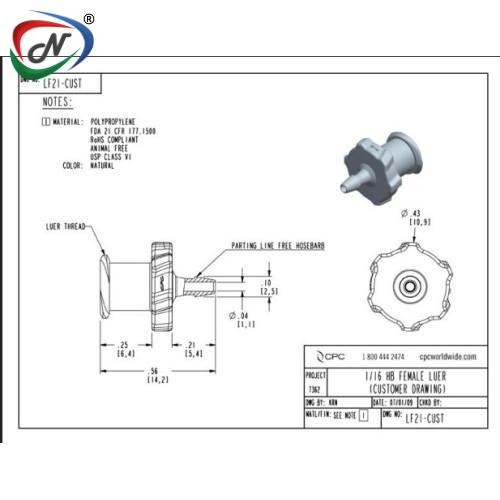 CPC Quick Connect & Disconnect Solutions LF21 Luer Fitting, female luer X 1/16 HB Natural Polypropylene NSSP003241