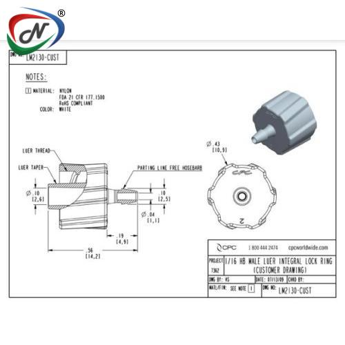 CPC Quick Connect & Disconnect Solutions LM2130 Luer Fitting, male luer X 1/16 HB, White Nylon NSSP004143