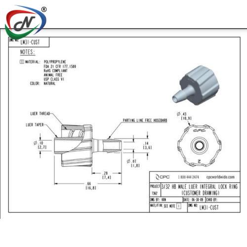 CPC Quick Connect & Disconnect Solutions LM31-Luer Fitting, male luer X 3/32 HB, Natural Polypropylene NSSP003066