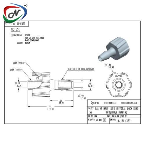 CPC Quick Connect & Disconnect Solutions LM4131 Luer Fitting, male luer X 1/8 HB, Black Nylon NSSP005994