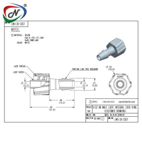 CPC Quick Connect & Disconnect Solutions LM5130  Luer Fitting, male luer X 5/32 HB, White Nylon NSSP005752
