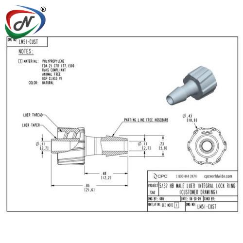 CPC Quick Connect & Disconnect Solutions LM51 Luer Fitting, male luer X 5/32 HB, Natural Polypropylene NSSP004035