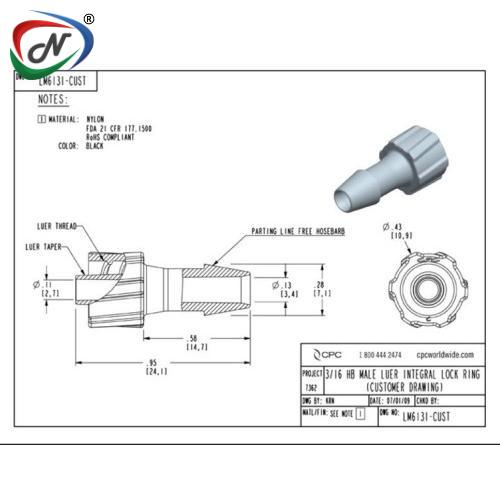 CPC Quick Connect & Disconnect Solutions LM6131 Luer Fitting, male luer X 3/16 HB, Black  Nylon NSSP006007