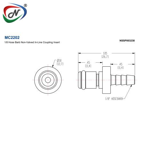 CPC Quick Connect & Disconnect Solutions MC2202 1/8 Hose Barb Non-Valved In-Line Chrome-plated Brass Coupling Insert NSSP003238