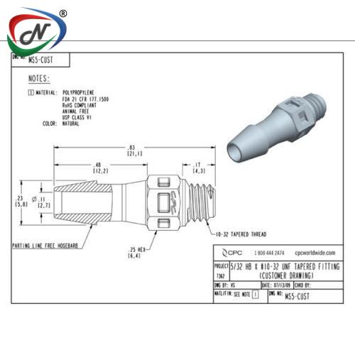 CPC Quick Connect & Disconnect Solutions MS5 Straight Fitting, tapered 10-32 X 5/32 HB Natural Polypropylene NSSP007212