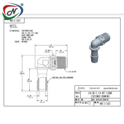 CPC Quick Connect & Disconnect Solutions N8E12 Elbow Fitting, 1/4 NPT X 3/8 HB, Natural Polypropylene NSSP007333