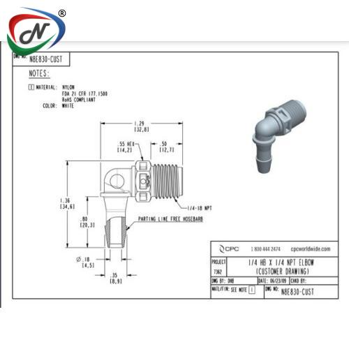 CPC Quick Connect & Disconnect Solutions N8E830 Elbow Fitting, 1/4 NPT X 1/4 HB, White Nylon NSSP007334