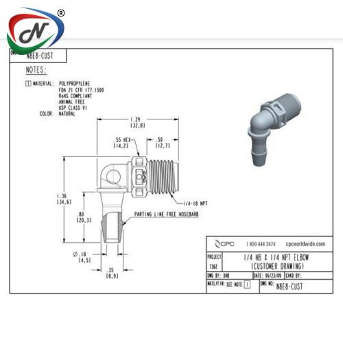 CPC Quick Connect & Disconnect Solutions N8E8 Elbow Fitting, 1/4 NPT X 1/4 HB, Natural Polypropy NSSP004401
