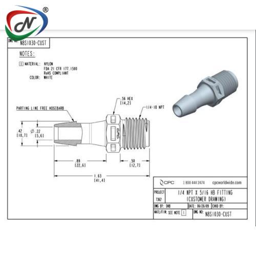 CPC Quick Connect & Disconnect Solutions N8S1030 Straight Fitting, 1/4 NPT X 5/16 HB, White Nylon NSSP007338