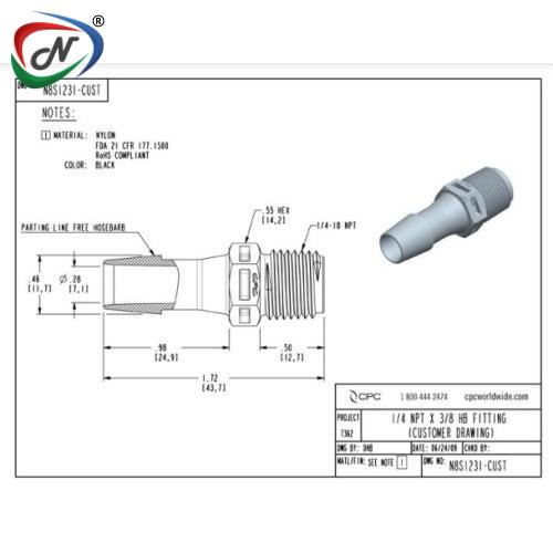 CPC Quick Connect & Disconnect Solutions N8S1231 Straight Fitting, 1/4 NPT X 3/8 HB, Black Nylon NSSP007342
