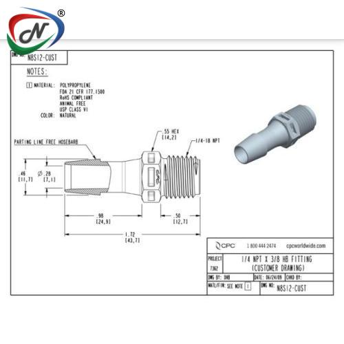 CPC Quick Connect & Disconnect Solutions N8S12 Straight Fitting, 1/4 NPT X 3/8 HB, Natural Polypropylene NSSP007340
