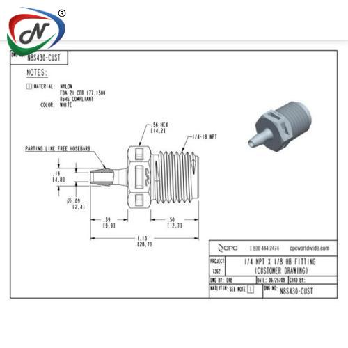 CPC Quick Connect & Disconnect Solutions N8S430 Straight Fitting, 1/4 NPT X 1/8 HB, White Nylon NSSP007345