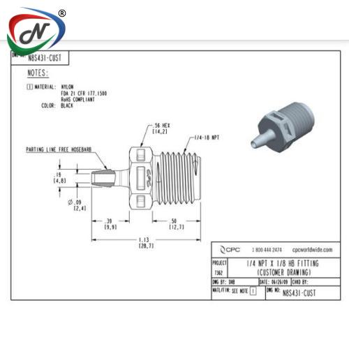 CPC Quick Connect & Disconnect Solutions N8S431 Straight Fitting, 1/4 NPT X 1/8 HB, Black Nylon NSSP007346
