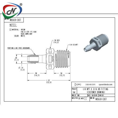 CPC Quick Connect & Disconnect Solutions N8S630 Straight Fitting, 1/4 NPT X 3/16 HB, White Nylon NSSP004094