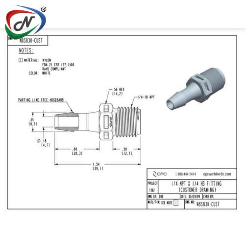 CPC Quick Connect & Disconnect Solutions N8S830 Straight Fitting, 1/4 NPT X 1/4 HB, White Nylon NSSP007320