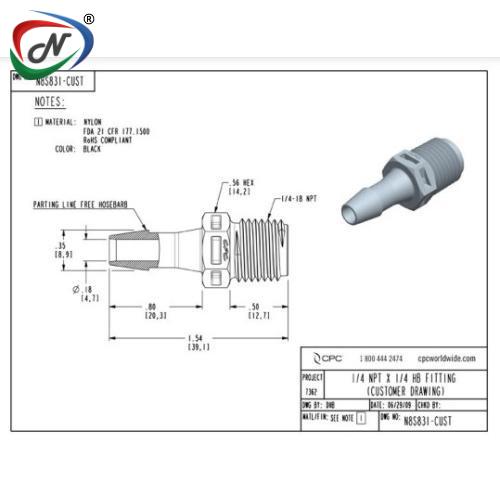 CPC Quick Connect & Disconnect Solutions N8S831 Straight Fitting, 1/4 NPT X 1/4 HB, Black Nylon NSSP007319