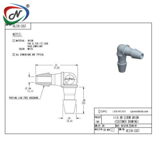 CPC Quick Connect & Disconnect Solutions HE230 Elbow Fitting, 1/16 HB X 1/16 HB, White Nylon NSSP004096