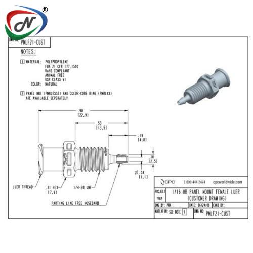 CPC Quick Connect & Disconnect Solutions PMLF21 Luer Fitting, panel mount female Luer X 1/16 HB, Natural Polypropylene NSSP004037