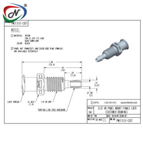 CPC Quick Connect & Disconnect Solutions PMLF3131 LUER FITTING, PANEL MOUNT FEMALE LUER X 3/32 HB, BLACK NYLON NSSP005221