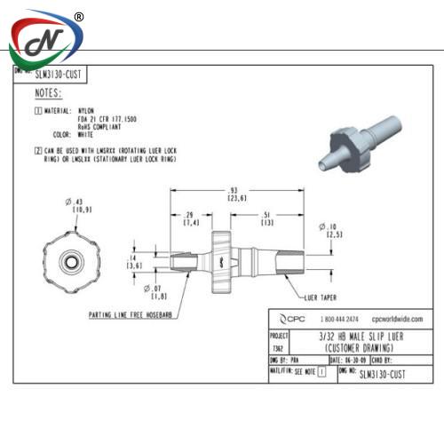 CPC Quick Connect & Disconnect Solutions SLM3130 Luer Fitting, male slip luer X 3/32 HB, White Nylon NSSP004092