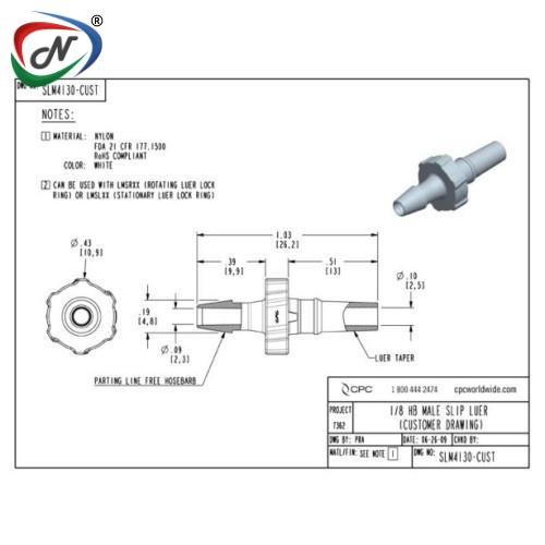 CPC Quick Connect & Disconnect Solutions SLM4130 Luer Fitting, male slip luer X 1/8 HB, White Nylon NSSP004093